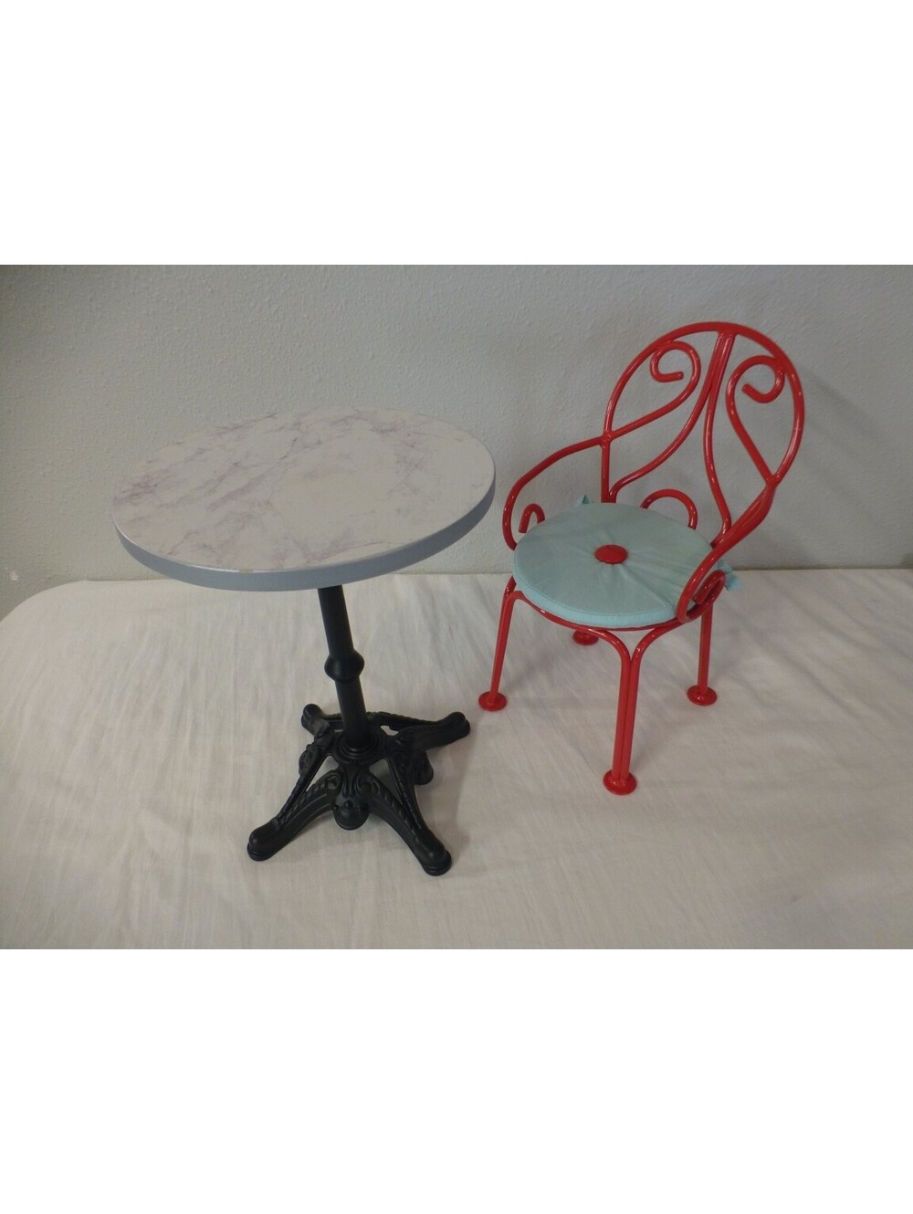 American Girl Doll Bistro Table & Chair Set Red Metal Cafe Furniture Marble A1